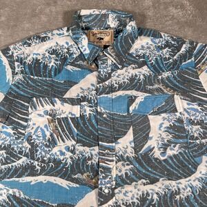 Western Aloha Shirt Mens 2XL Blue Hawaiian Wave Short Sleeve Pearl Snap Made USA
